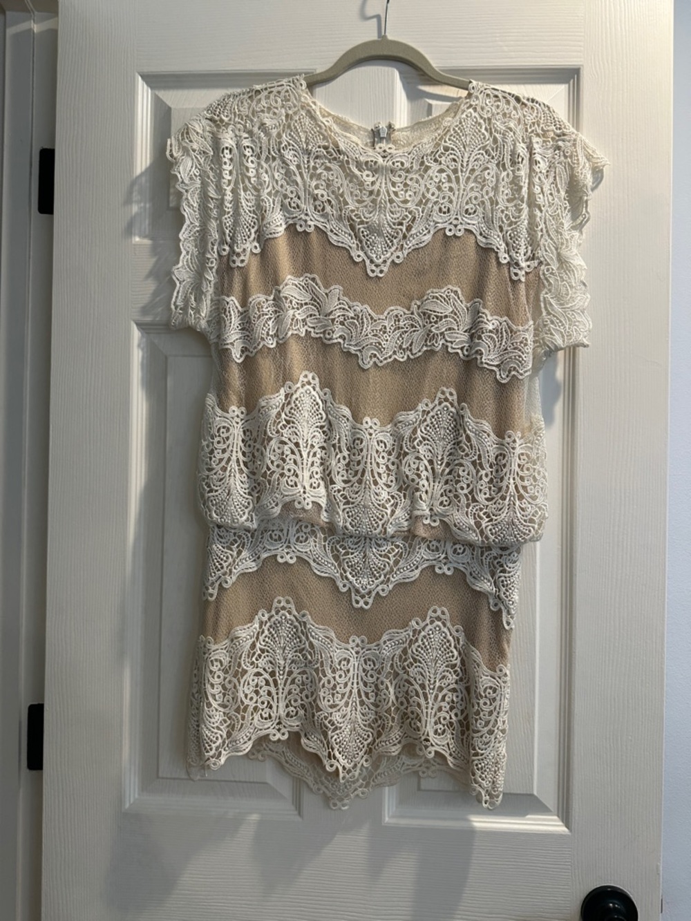 Tadashi Shoji Cream and Beige Lace-Overlay Mini Dress